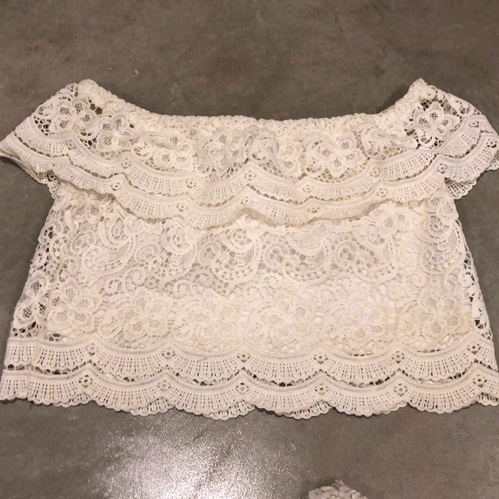 White lace off the shoulder crop top